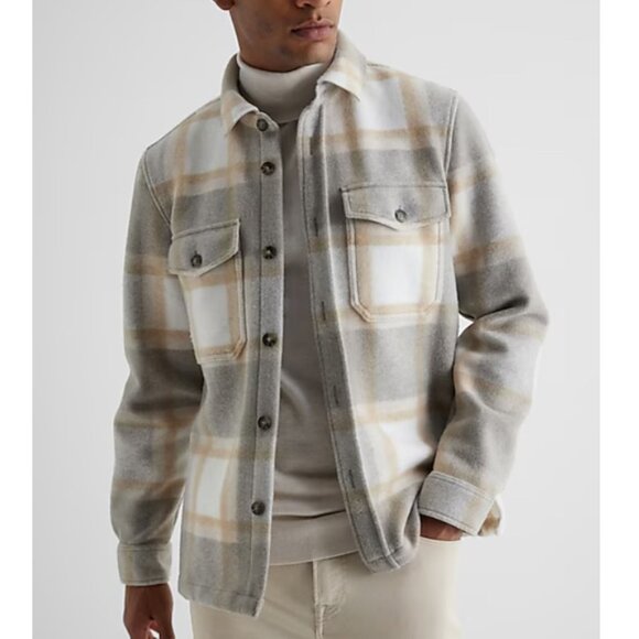 NWT - Express Men’s Plaid Knit Shirt Jacket, Oyster – Size XL - Picture 3 of 16